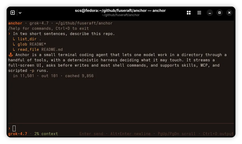 anchor in a terminal: the agent lists the directory, reads README.md and summarizes the repo in two sentences, with token usage and a status line below.